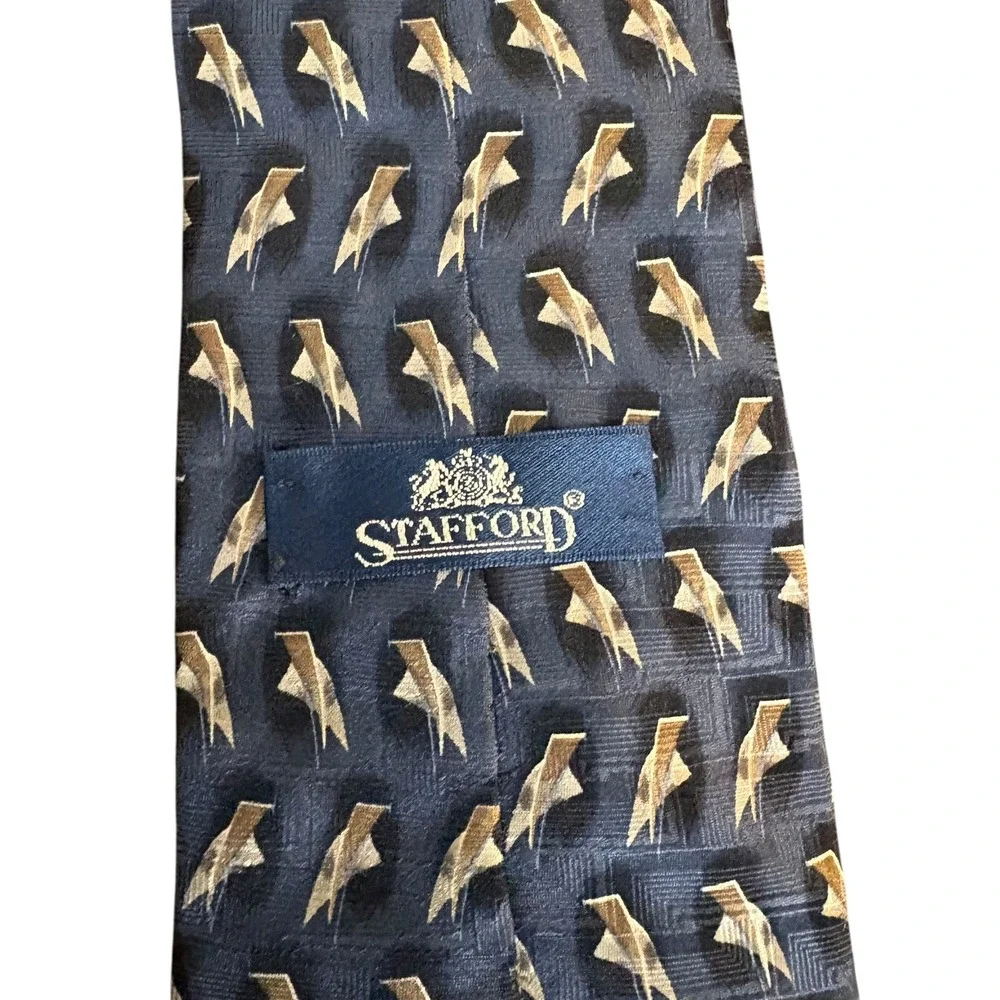 Stanford 100% Silk Men's Necktie Navy Gold‎ Geometric Pattern Made in USA